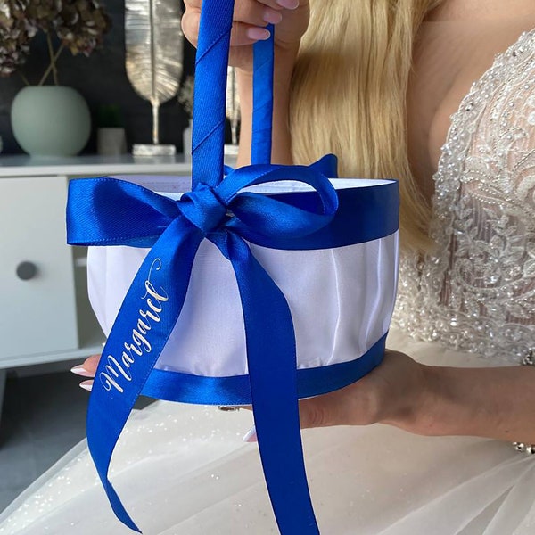 Flower basket Royal blue wedding, Personalized, Wedding basket White and Royal blue wedding, Flower girl basket Royal blue wedding, Basket