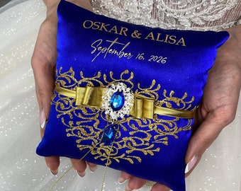 Ring bearer pillow Royal blue and gold wedding, Personalized, Ring pillow Royal blue and gold wedding, Ring pillow wedding Royal blue, Gold