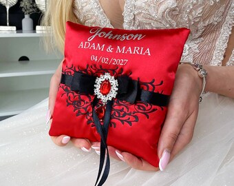 Ring bearer pillow Red and black wedding, Personalized pillow, Wedding pillow Red and black wedding, Pillow Red wedding,Ring bearer proposal