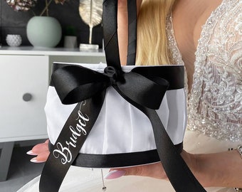 Flower girl basket White and black wedding, Personalized, Wedding basket Black wedding, Flower basket White and Black wedding, Bride gift
