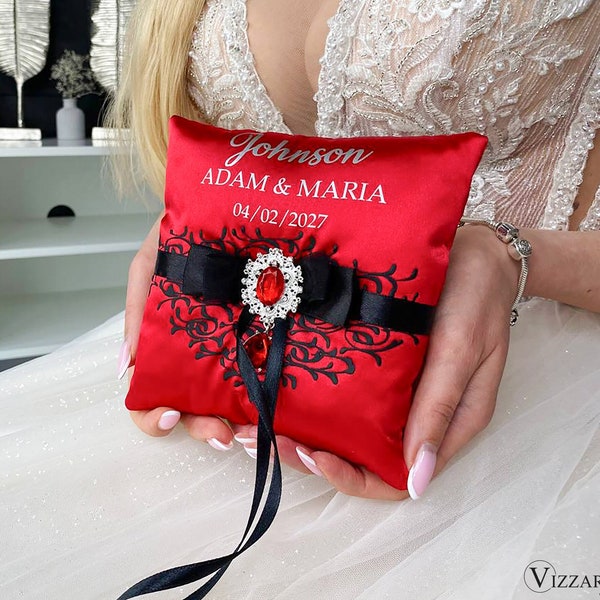 Ring bearer pillow Red and black wedding, Personalized pillow, Wedding pillow Red and black wedding, Pillow Red wedding,Ring bearer proposal