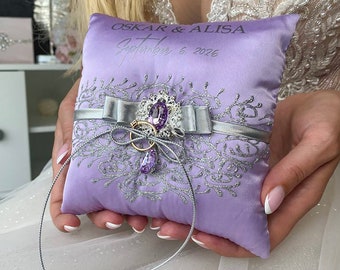 Ring bearer pillow Lavender and silver wedding, Personalized pillow, Wedding pillow Silver wedding, Ring bearer Lavender and silver wedding