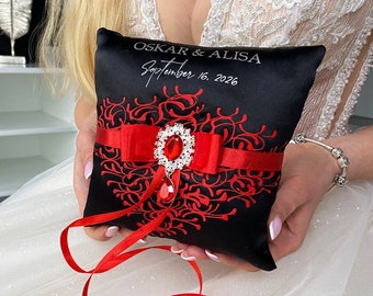 Ring bearer pillow Black and Red wedding, Black ring pillow, Ring bearer Red wedding, Wedding pillow Black and red wedding, Gift for Couples