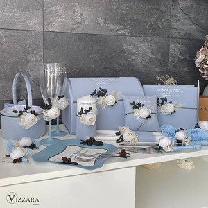 Mariage bleu poussiéreux, personnalisé, ensemble de mariage mariage bleu, mariage de boîte de carte, livre d'or, panier de fleurs, oreiller