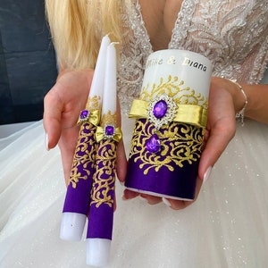 Unity candle Set of 3 Purple and Gold wedding, Personalized candle, Wedding candle Purple and gold wedding, Gifts for the Couple, Purple