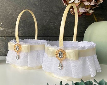 Flower girl basket White and Ivory wedding, Flower girl basket ivory, Wedding basket, White basket flower girl, Flower girl basket set of 2