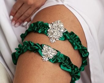 Wedding garters Set of 2 Emerald green and silver wedding Personalized Garters for wedding Emerald green wedding Garter wedding set emerald