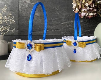 Flower girl basket Royal blue and gold wedding, Basket flower girl Royal blue and gold wedding, Wedding basket Royal blue, Flower basket