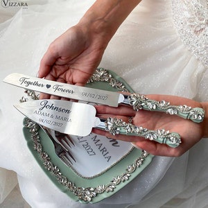 Cake cutting set Sage green wedding, Wedding cake server set Sage green wedding, Personalized, Wedding serving set Sage green wedding, Gift