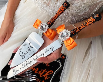 Taartsnijset Halloween-bruiloft, gepersonaliseerd, serveerset bruiloft Zwart en oranje bruiloft, cadeau voor koppels, serveerset taart zwart