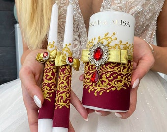 Unity candle Set of 3 Burgundy and gold wedding, Wedding candle Burgundy wedding, Personalized candles, Unity ceremony, Gifts for the Couple