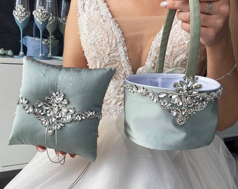 Ring bearer pillow and flower girl basket Set Sage green wedding, Wedding pillow and wedding basket Sage green wedding, Gifts for the Couple