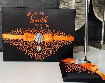 Wedding guest book and pen Halloween wedding, Wedding book Black and orange wedding, Personalized, Halloween Guest book, Gift for the Couple