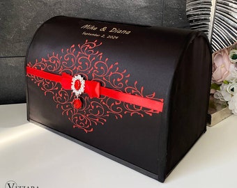 Caja de tarjetas de boda Boda negra y roja, Caja de tarjetas personalizada, Caja de boda Boda negra y roja, Caja de dinero Boda negra, Regalo para parejas