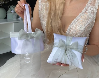 Ring bearer pillow and Flower girl basket Sage green wedding, Personalized, Ring pillow wedding and Wedding basket Sage green wedding,Basket