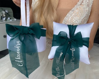 Ring bearer pillow and Flower girl basket Emerald green wedding, Personalized, Ring pillow wedding and Wedding basket Green wedding, Basket