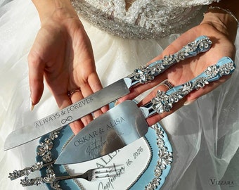 Wedding cake cutter Dusty blue wedding, Cake server Blue wedding, Personalized, Gift for couple, Wedding cake knife Blue,Anniversary present