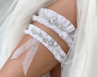 Hochzeits-Strumpfband 2er-Set Weiße Hochzeit, Braut-Strumpfband Weiß, Strumpfband-Set, personalisiertes Strumpfband Weiße Hochzeit