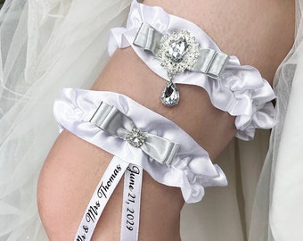 Garter Set of 2 White and silver wedding, Personalized, Garter for bride White and silver wedding, Wedding garter White, Gift for bride