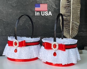 Flower girl baskets Black and red wedding, Flower basket Set of 2 Black and red wedding, Basket flower girl Black and red wedding, Baskets