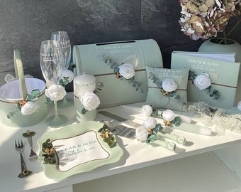 Wedding Set Sage green wedding, Personalized, Wedding pillow Dried eucalyptus, Wedding glasses Set of 2 Green wedding, Card box Eucalyptus