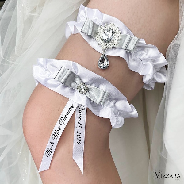 Giarrettiera Set di 2 nozze bianche e argento, personalizzate, giarrettiera per la sposa nozze bianche e argento, giarrettiera nuziale bianca, regalo per la sposa