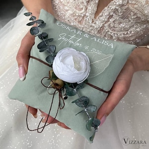 Almohada para anillos de boda de eucalipto seco, personalizada, minimalista, verde salvia, para anillos de boda, para anillos de boda