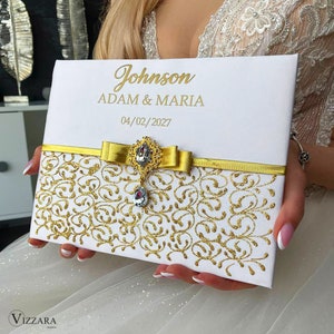 Bruiloft gastenboek Witte en gouden bruiloft, Gepersonaliseerd, Gastenboek Witte en gouden bruiloft, Trouwboek Witte bruiloft, Cadeaus voor het koppel