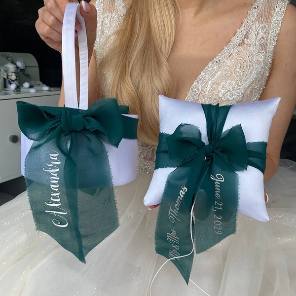 Ring bearer pillow and Flower girl basket Emerald green wedding, Personalized, Ring pillow wedding and Wedding basket Green wedding, Basket