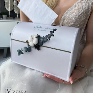 Scatola per biglietti di matrimonio Fiori secchi, Personalizzata, Scatola per biglietti Matrimonio bianco e verde, Scatola per biglietti per matrimonio Matrimonio eucalipto, Salvadanaio bianco