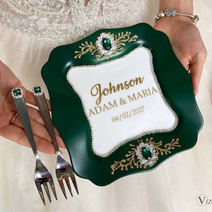 Wedding plate Emerald green and gold wedding, Personalized plate, Wedding cake plate Emerald Green wedding,Wedding serving set Green wedding
