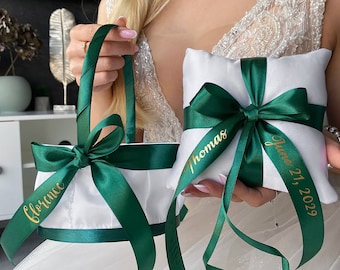 Ring bearer pillow and Flower girl basket Emerald green wedding, Personalized, Wedding pillow and Wedding basket Emerald Green wedding,Green