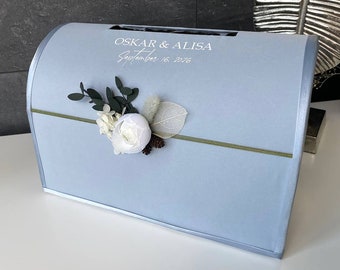 Card box wedding Dusty blue wedding, Personalized, Wedding box Dusty blue with greenery wedding, Money box Garden wedding, Card box Blue