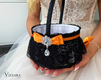 Flower girl basket Black and orange wedding, Wedding basket Halloween, Flower girl Halloween, Halloween wedding gift, Flower basket Black