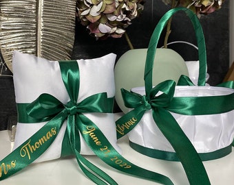 Ring bearer pillow and Flower girl basket Emerald green wedding, Personalized, Ring pillow wedding and Wedding basket Emerald Green wedding