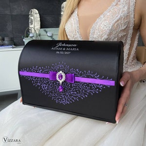 Caja de tarjetas de boda Boda negra y morada, Personalizada, Caja de dinero de boda Boda negra y morada, Caja de tarjetas para boda Boda negra, Caja
