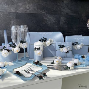 Boda azul polvoriento, Personalizado, Conjunto de boda Boda azul, Caja de tarjetas, Libro de invitados, Cesta de flores, Almohada de anillo, Copas de boda Azul polvoriento