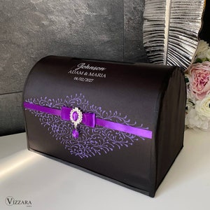 Hochzeitsbox Schwarz und Lila Hochzeit, Personalisiert, Spardose Schwarz und Lila Hochzeit, Kartenbox für Hochzeit Schwarze Hochzeit
