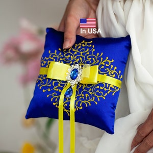 Wedding pillow Royal blue and yellow wedding, Ring bearer pillow Royal blue and yellow wedding, Ring pillow wedding Yellow and Blue wedding