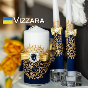 Unity candles Set of 3 Navy blue and gold weddings Personalized Unity candle sets Navy blue and gold wedding Candle unity ceremony Navy blue
