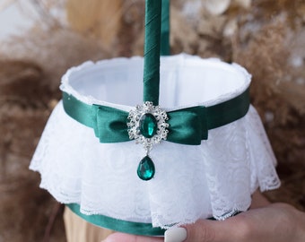 Flower girl basket White and emerald green wedding, Emerald green basket, Wedding basket White and Green wedding, Flower basket Emerald