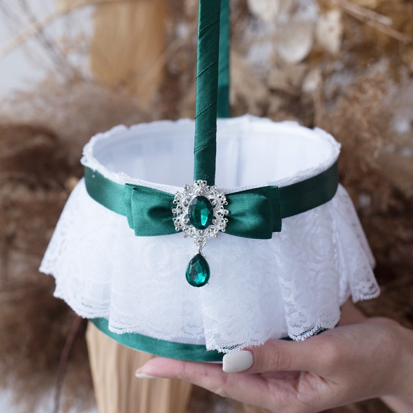 Flower girl basket White and emerald green wedding, Emerald green basket, Wedding basket White and Green wedding, Flower basket Emerald