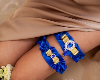 Conjunto de liga de boda de 2 boda azul real y oro, personalizado, ligas nupciales boda azul real, accesorios de boda, regalo nupcial oro