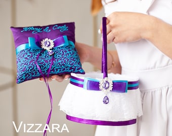 Blumenmädchen Korb und Ringträger Lila und Türkis Hochzeit, Ringträger Kissen und Hochzeitskorb Set Lila, Blumenkorb und Kissen