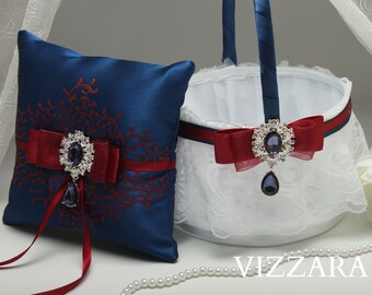 Ring Bearer Pillow And Flower Girl Basket Navy Wedding Flower Etsy