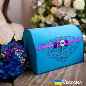 Caja de tarjetas Boda turquesa y morada, Caja personalizada, Caja de boda Boda turquesa y morada, Hucha Boda morada, Regalo de boda
