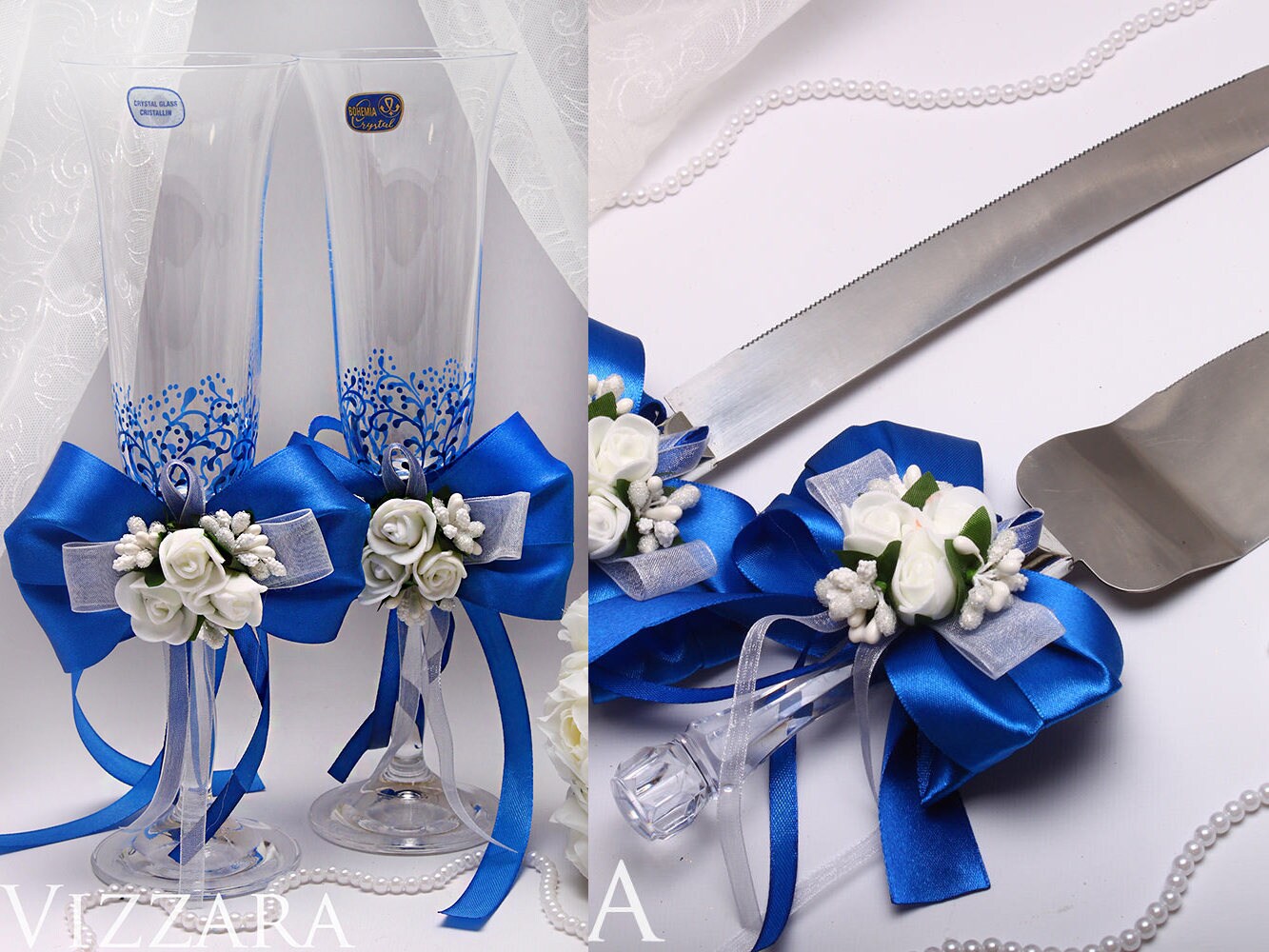 Wedding cake serving set Blue wedding Wedding flutes Royal Etsy