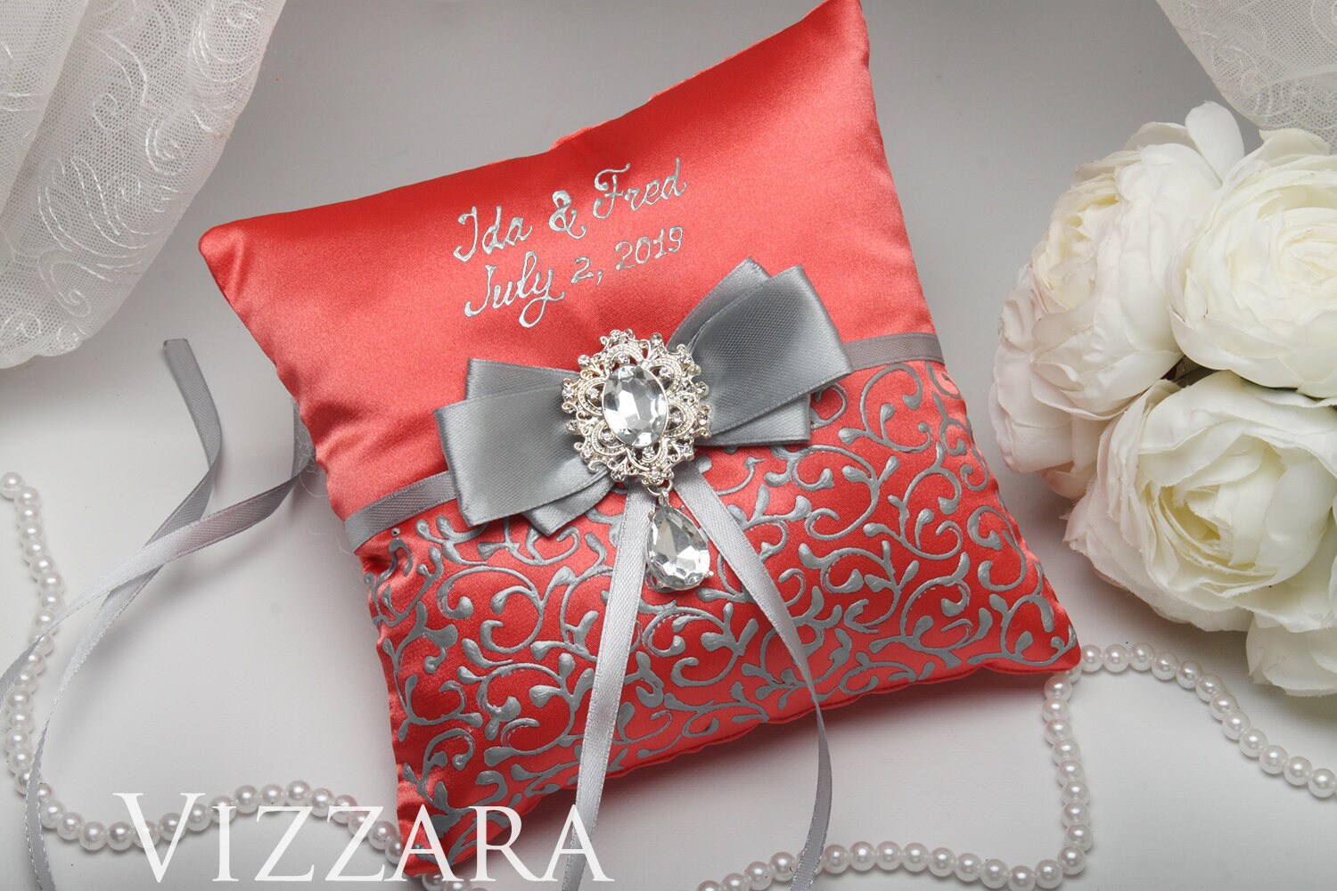 Ring bearers pillows Coral and grey wedding Burlap ring bearer Etsy