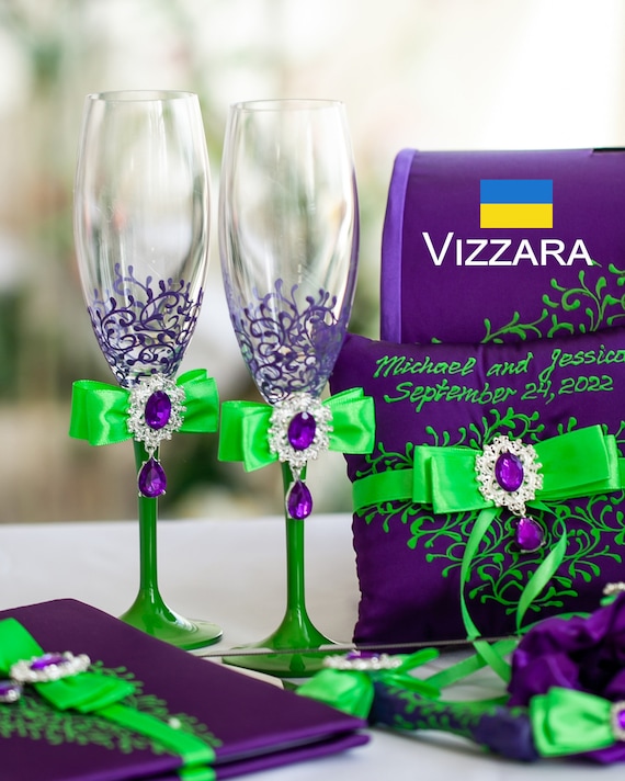 Personalized glasses Purple and green wedding Custom champagne flutes Green wedding ideas Wedding flute set Lime green and purple wedding
