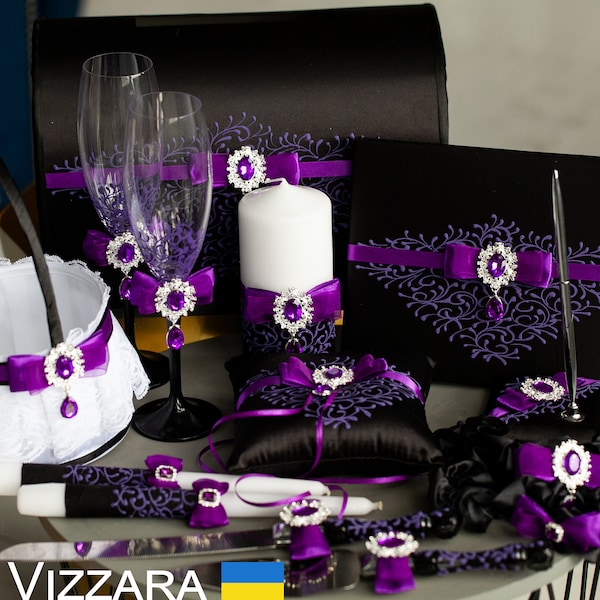 Black and purple Set wedding, Personalized, Champagne glasses, Card box wedding, Guest book, Wedding garter,Ring bearer pillow Black wedding